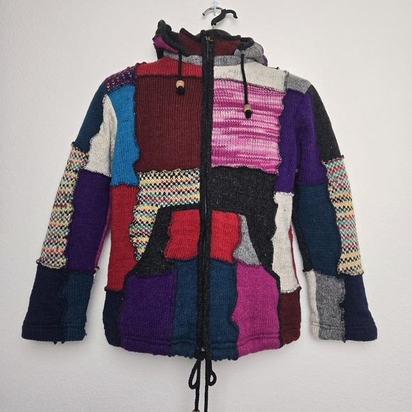 SHOPOHOLIC FASHION Knitted Multicoloured Wool Patch Winter Hippie Hoodie Jacket - Picture 1 of 16